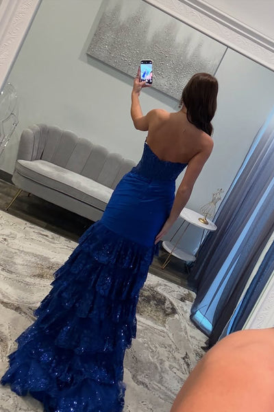 Cute Mermaid V Neck Royal Blue Long Prom Dress with Appliques AB25020105