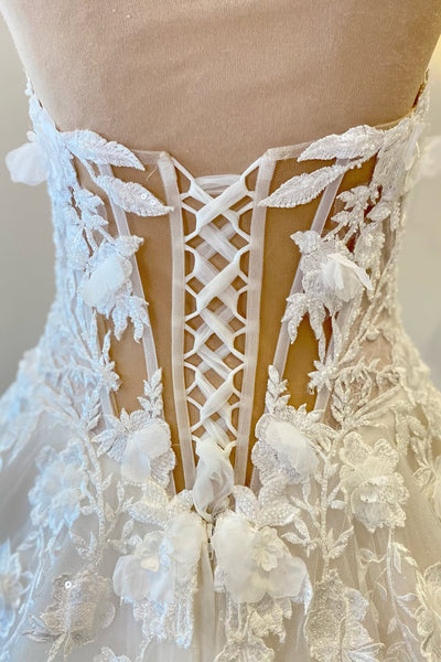 Bohemian A Line Sweetheart Tulle Long Wedding Dress with Appliques AB25100603