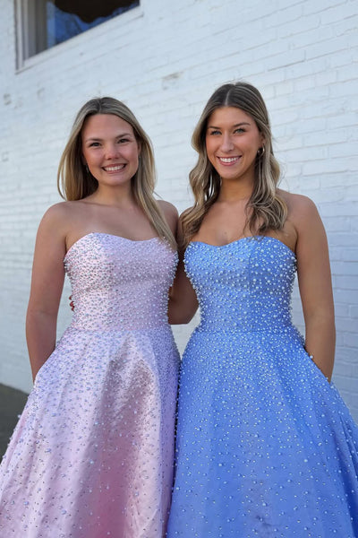 Cute A Line Strapless Pink Satin Prom Dress with Pearls Beading AB26040516