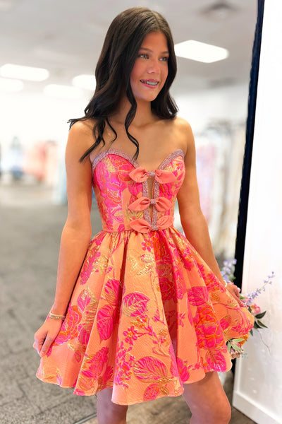 A Line Strapless Coral Jacqaurd Satin Homecoming Dress with Beading AB26072013