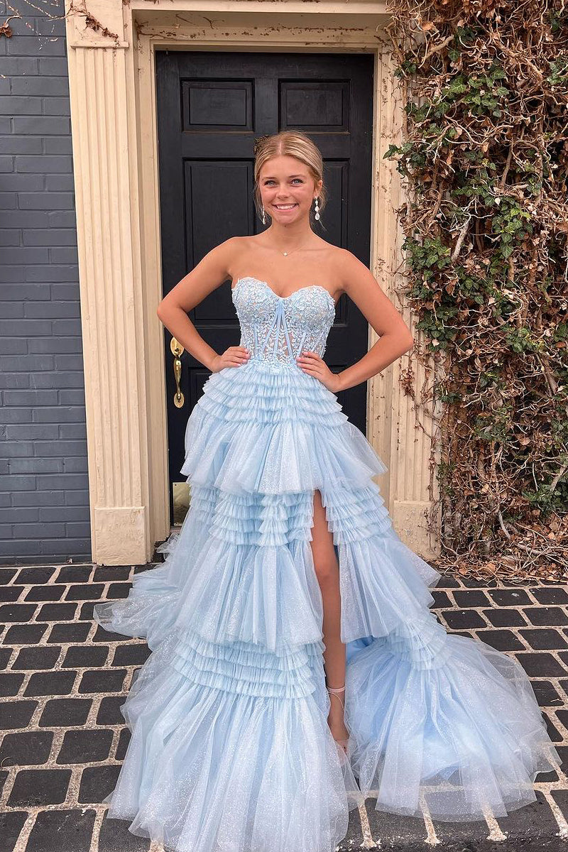 Cute Ball Gown Tutu Light Blue Long Prom Dresses AB091904