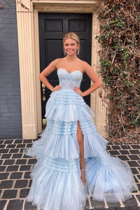 Cute Ball Gown Tutu Light Blue Long Prom Dresses AB091904