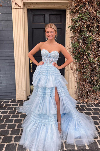 Cute Ball Gown Tutu Light Blue Long Prom Dresses AB091904