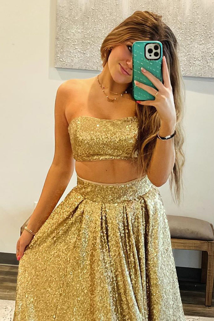 Two Piece Strapless Gold Sequins Long Prom Dress AB4040304 Two Piece Strapless Gold Sequins Long Prom Dress AB4040304