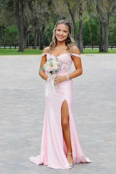 Stunning Mermaid Off the Shoulder Light Pink Satin Prom Dress with Appliques AB26041905