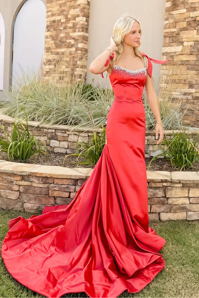 Gorgeous Mermaid Square Neck Red Satin Prom Dress with Beading AB25120407