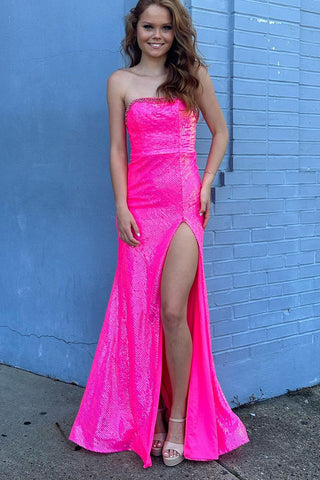 Charming Mermaid Strapless Hot Pink Sequins Long Prom Dresses with Slit AB110902
