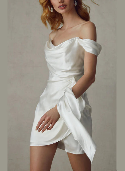 Fairy Sheath Cowl Neck Silk Satin Short Wedding Dresses AB24100702