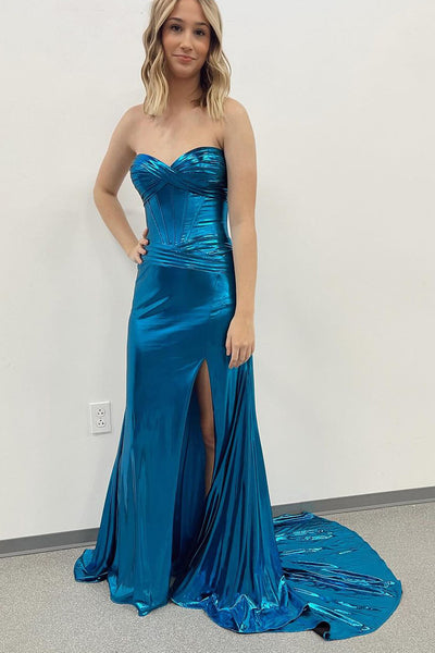 Charming Mermaid Sweetheart Dark Blue Satin Long Prom Dress with Slit AB120403