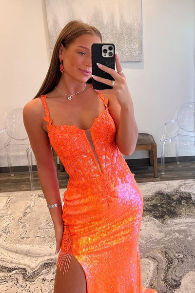 Sparkly Mermaid V Neck Orange Sequins Lace Long Prom Dresses with Slit AB091201