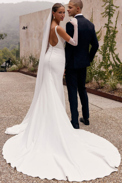 Elegant Mermaid Boat Neck Satin Wedding Dress AB26060811