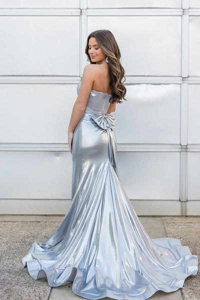Mermaid Strapless Silver Satin Long Prom Dresses with Slit AB25032104