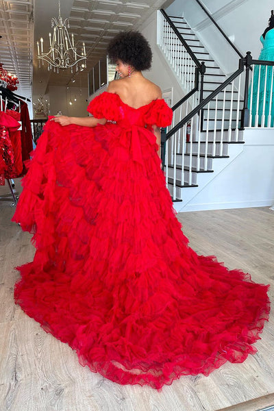Ball Gown Off the Shoulder Red Tulle Long Prom Dresses with Slit AB0802008