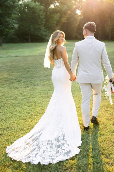 Fairy Mermaid Scoop Neck Satin White Wedding Dress with Appliques AB25082501