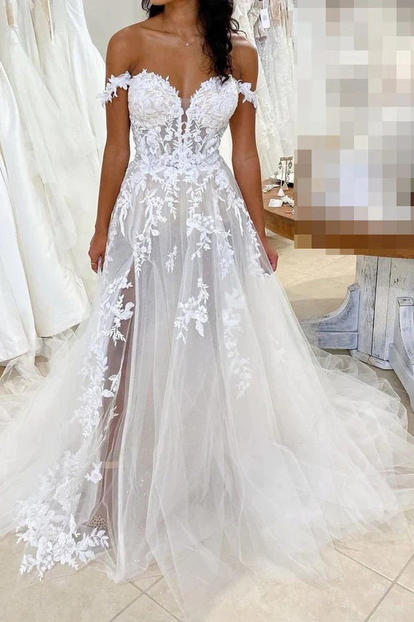 Fairy A Line Off the Shoulder Wedding Dresses with Appliques ABWD061802