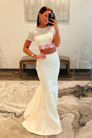 Unique Two Piece Short Sleeve White Satin Long Prom Dress AB4032502