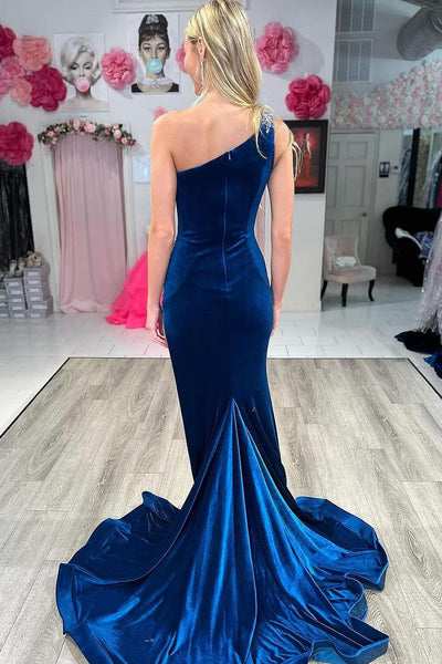 Charming Mermaid One Shoulder Navy Velvet Long Prom Dress with Beading AB120205