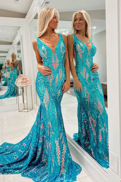 Charming Mermaid V Neck Red Sequins Long Prom Dress AB120201