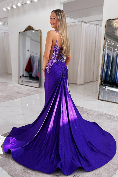 Charming Mermaid V Neck Purple Satin Long Prom Dresses with Appliques AB25050210