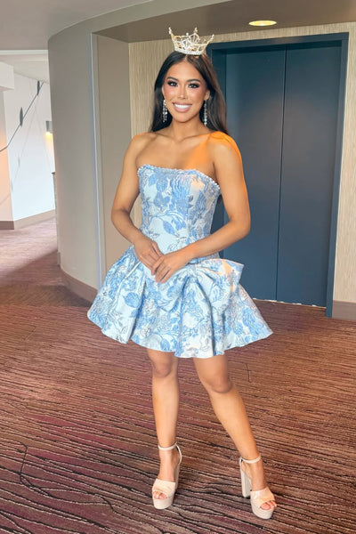 Cute Short A Line Strapless Light Blue Jacquard Satin Short Homecoming Dress AB26062201