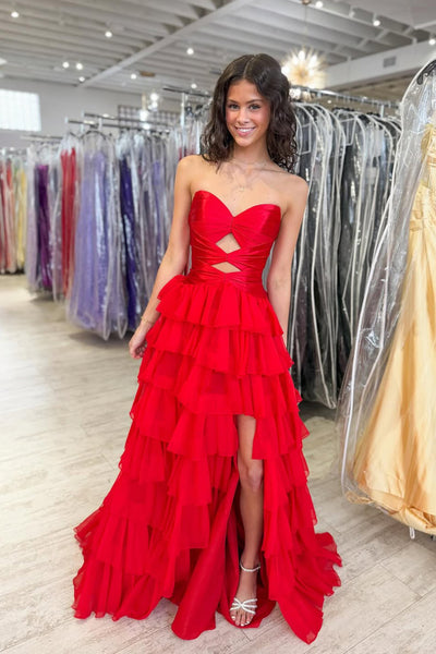 A Line Sweetheart Cutout Red Chiffon Tiered Prom Dress with Slit AB26040513