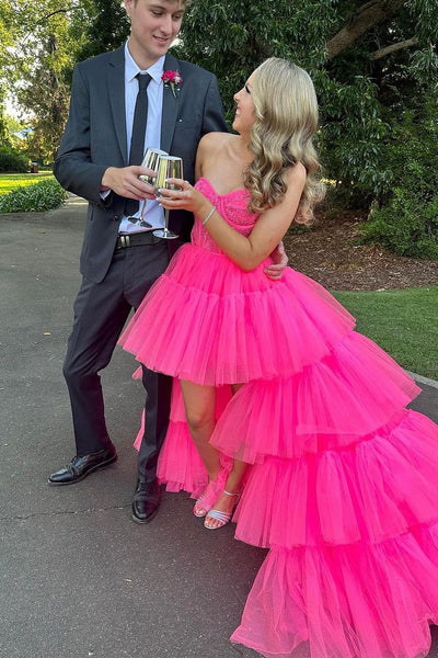 Cute Ball Gown High Low Sweetheart Hot Pink Tulle Long Prom Dress AB120402