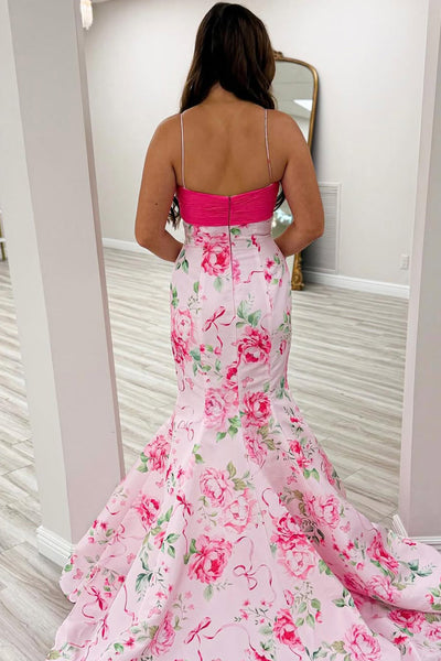 Mermaid V Neck Pink Floral Satin Prom Dress with Bow AB25112505