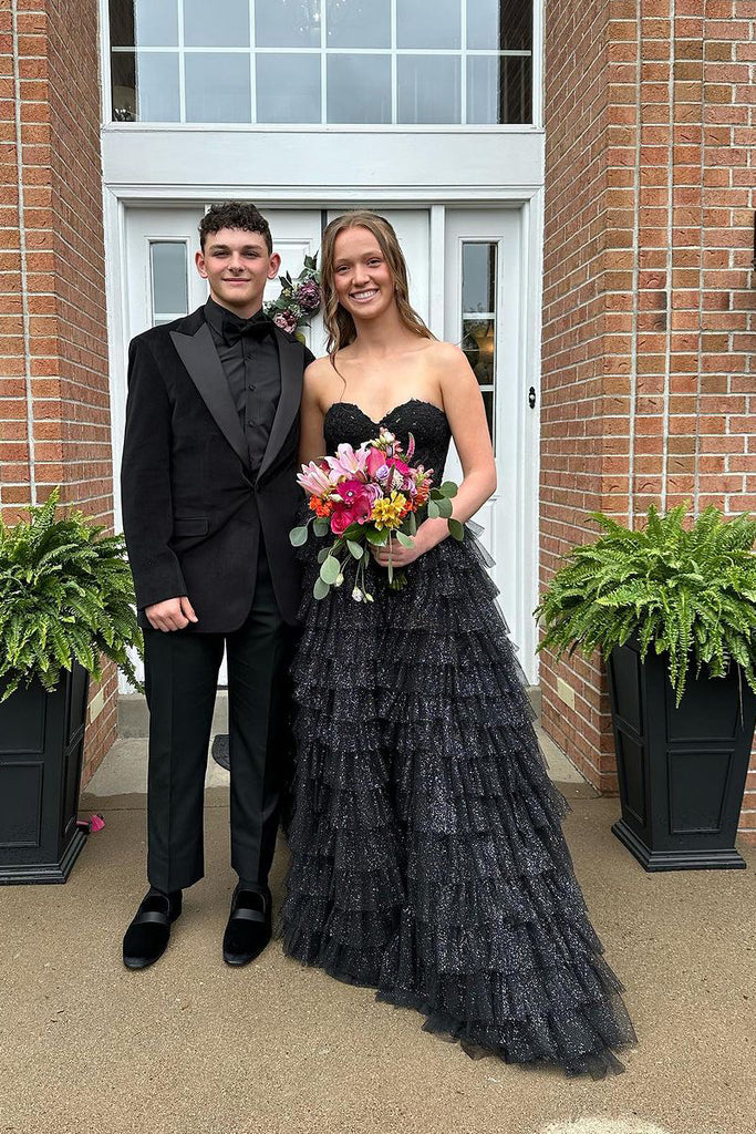 black strapless ruffle prom dress Black Strapless Ruffle Tiered Tulle Long Prom Dresses