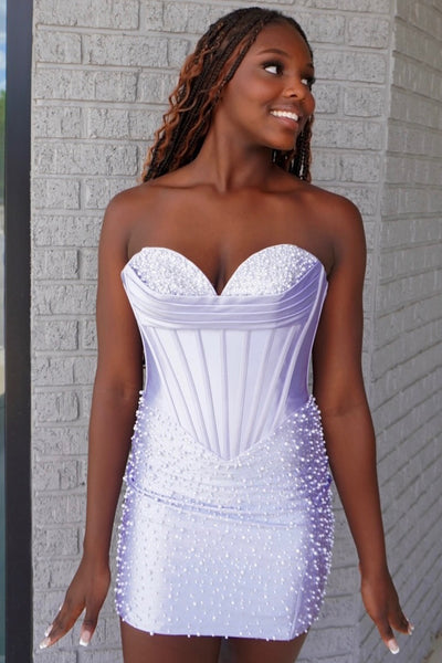 Sweet Tight Strapless Beading Satin Short Homecoming Dress AB26062807