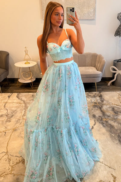 Cute Two Piece Sweetheart Light Blue Floral Appliques Prom Dress AB021504