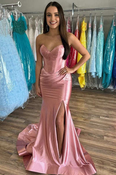 Cute Mermaid Strapless Fuchsia Satin Mermaid Prom Dress with Slit AB25010401