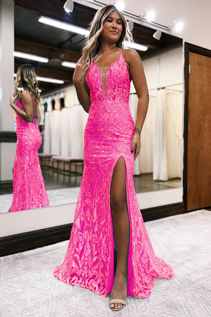 Sparkly Mermaid Deep V Neck Hot Pink Sequins Lace Long Prom Dresses with Slit AB101101 Anniebride Sparkly Mermaid Deep V Neck Hot Pink Sequins Lace Long Prom Dresses with Slit AB101101 Anniebride