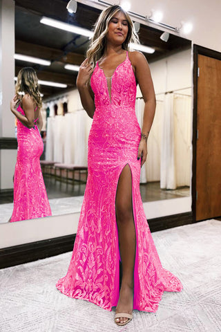 Sparkly Mermaid Deep V Neck Hot Pink Sequins Lace Long Prom Dresses with Slit AB101101