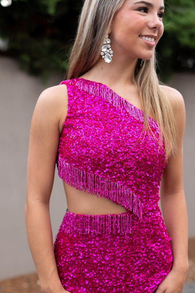 Cute Bodycon One Shoulder Fuchsia Sequins Short Homecoming Dresses with Beading AB092407