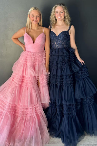 Ball Gown V Neck Pink Ruffle Tiered Long Prom Dress AB4020801