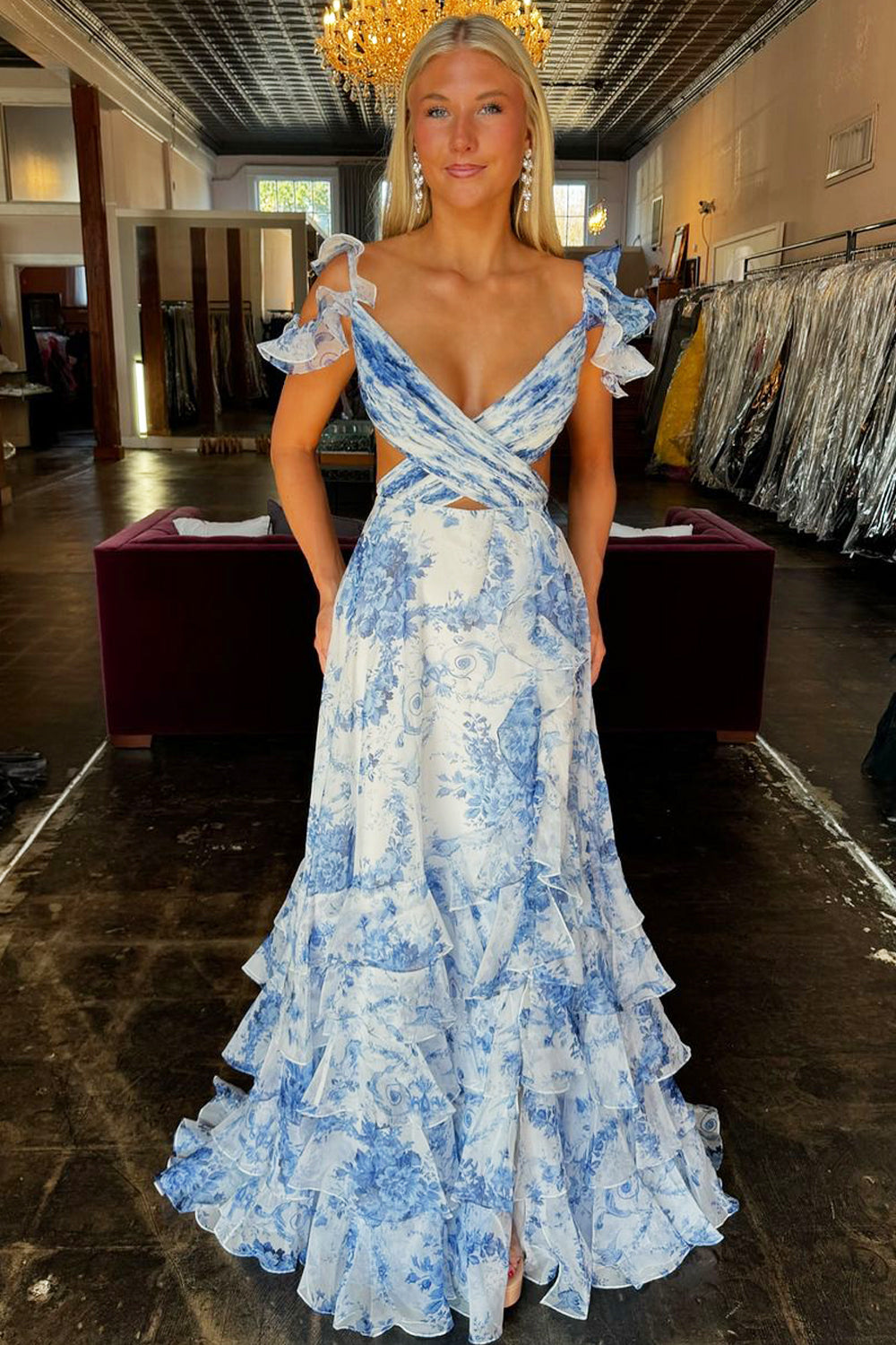 Cute Sheath V Neck Floral Printed Chiffon Long Prom Dress AB24111506 Cute Sheath V Neck Floral Printed Chiffon Long Prom Dress AB24111506