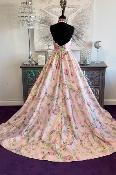 Cute A Line V Neck Flower Print Satin Prom Dress with Beading AB25111407