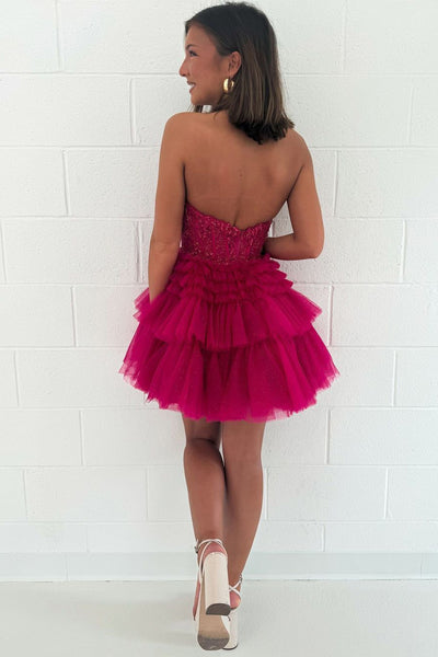 Cute A Line V Neck Fuchsia Tulle Short Homecoming Dresses with Beading AB24081801