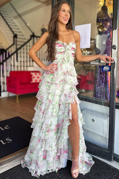 Cute Sweetheart Floral Chiffon iered Prom Dress with Slit AB26020301