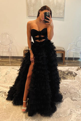 Cute A-Line Keyhole Black Tiered Tulle Long Prom Dresses with Flowers AB4022101