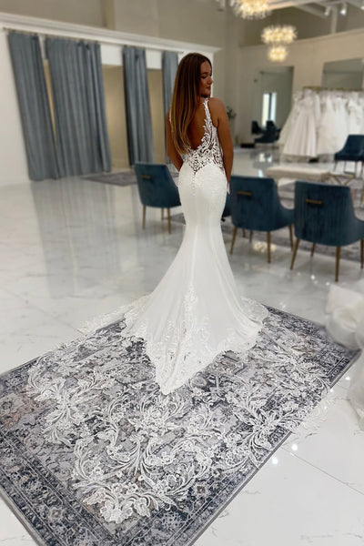 Elegant Mermaid V Neck Elastic Satin Wedding Dress with Appliques AB26051706