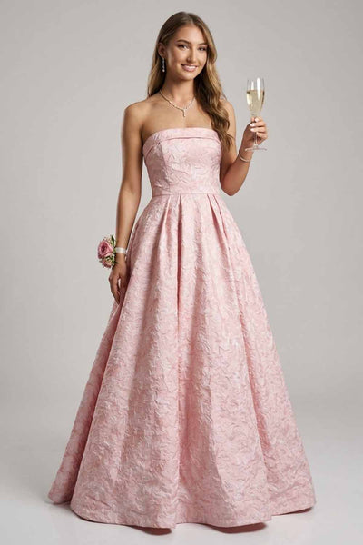 A Line Strapless Jacquard Satin Long Prom Dress with Pockets AB26102902