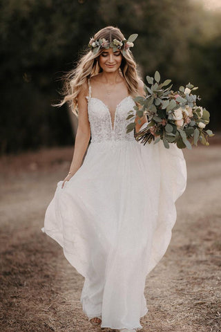 Bohemain A Line V Neck Chiffon Wedding Dresses with Appliques ABWD061830