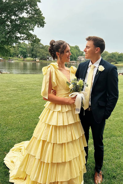 Cute Ball Gown V Neck Yellow Satin Tiered Long Prom Dress AB25053103