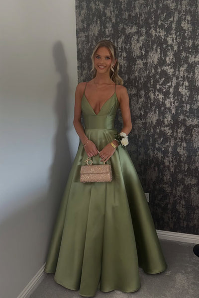 A Line V Neck Staps Green Satin Prom Dress with Pockets AB26062204