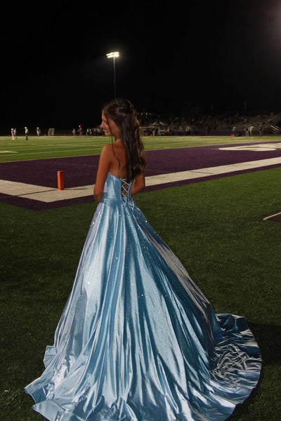 Gorgeous A Line Scoop Neck Light Blue Satin Long Prom Dress with Rhinestones AB25100705