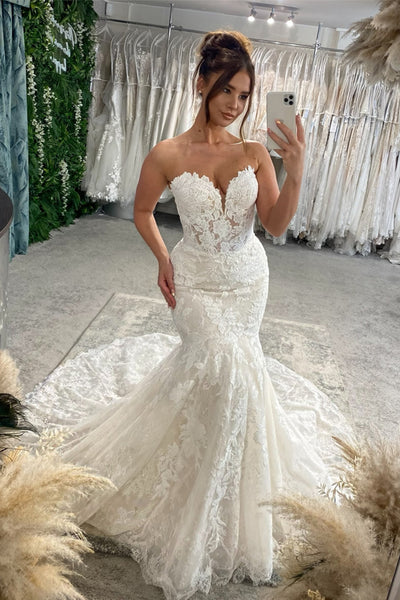 Elegant Mermaid Sweetheart Lace Wedding Dress with Appliques AB26070707