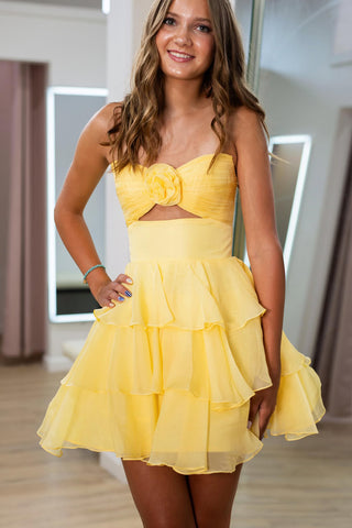 Cute A Line Sweetheart Yellow Chiffon Tiered Homecoming Dress AB25071701
