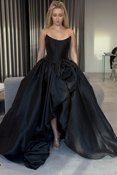 Ball Gown Scoop Neck Black Satin Long Prom Dress AB26070518