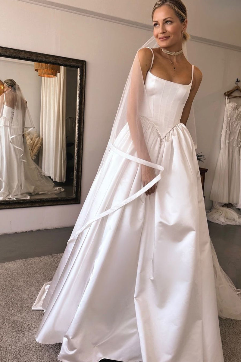 Elegant A-Line Spaghetti Straps Satin Wedding Dresses AB24071108